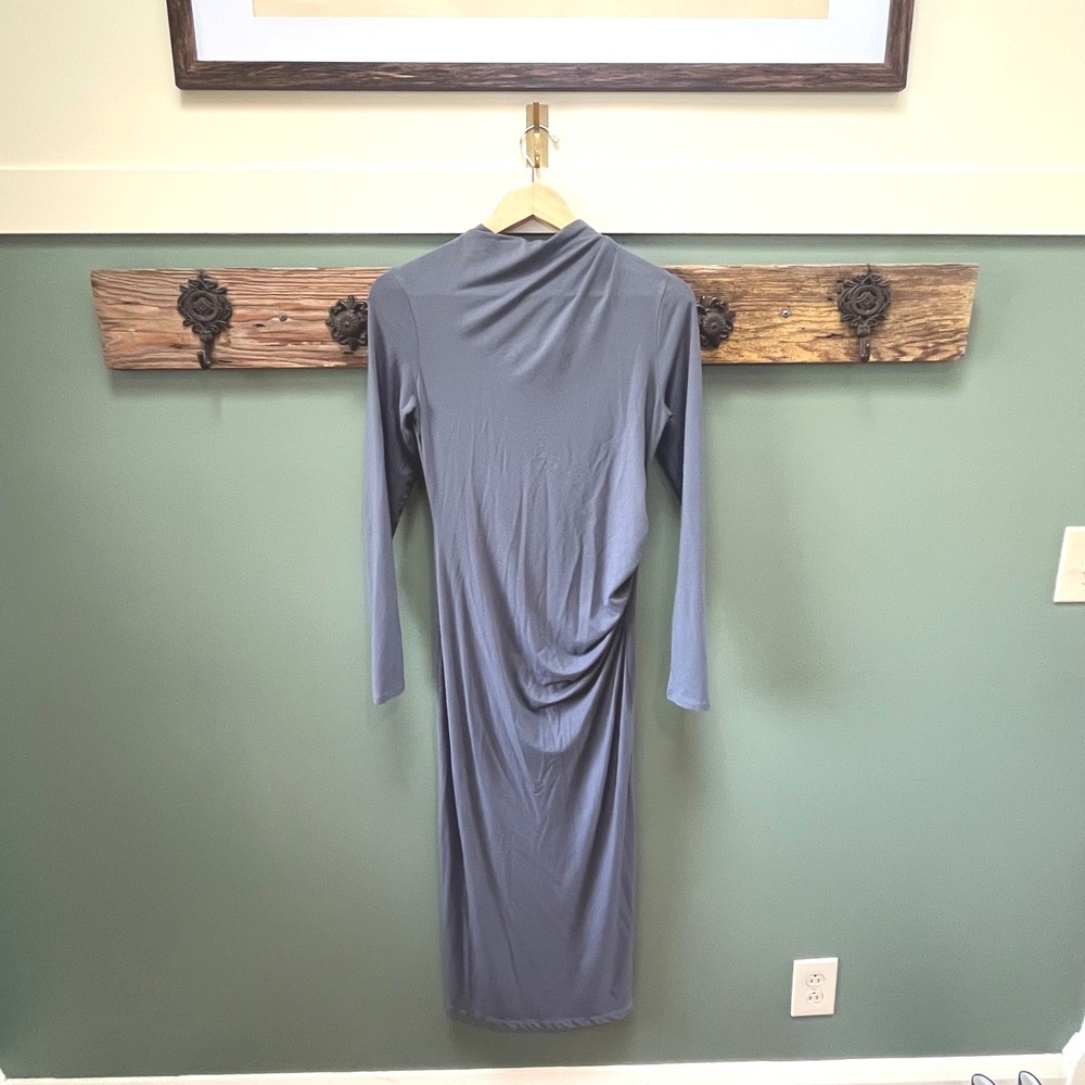 Vince Charcoal Grey Ruched Draped Mock Neck Long Sleeve Midi Dress Small S/P‎